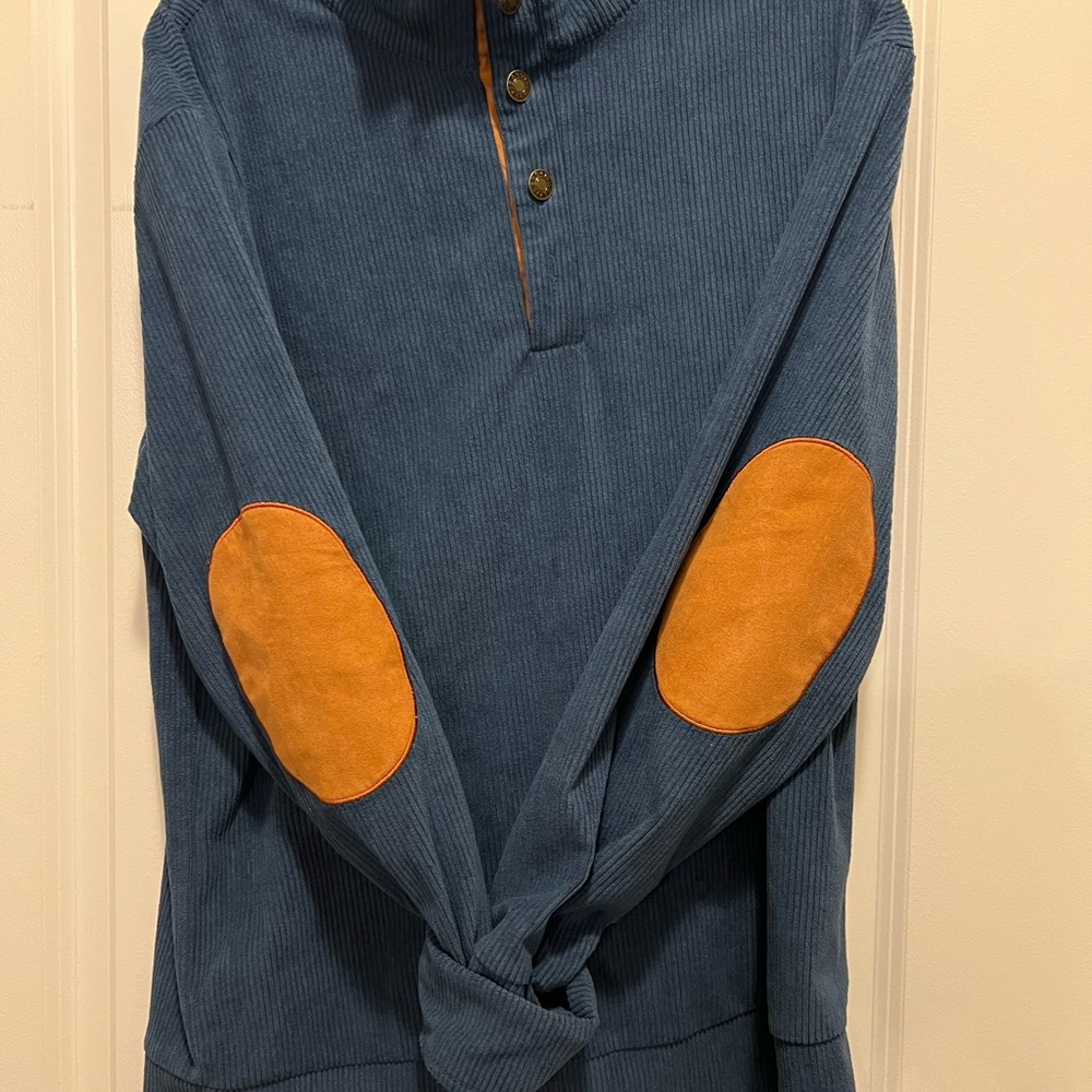 Blue Pullover with Orange Elbow Patches
